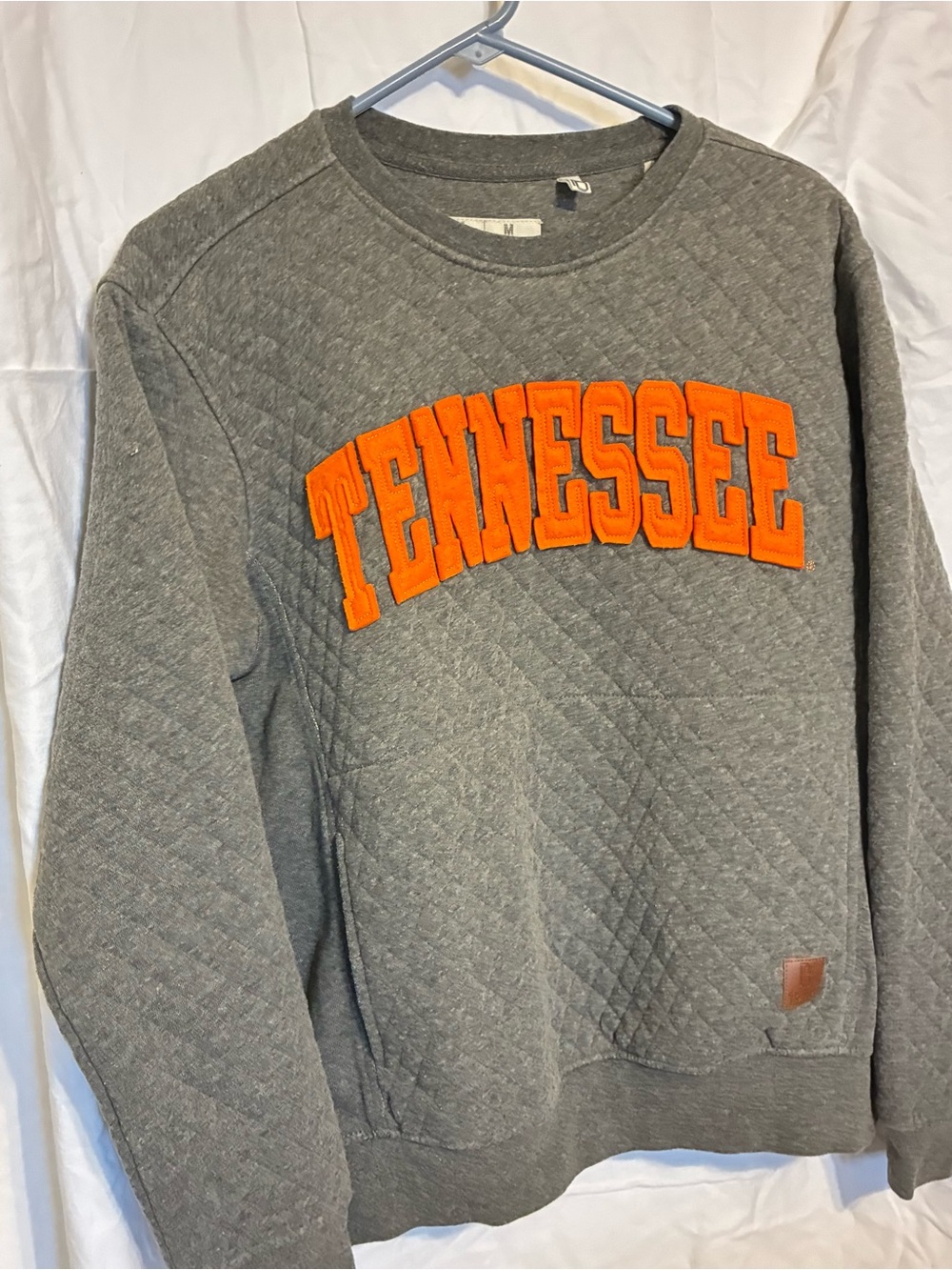 Pressbox Gray Quilted Crewneck Sweatshirt with Orange Tennessee Appliqué